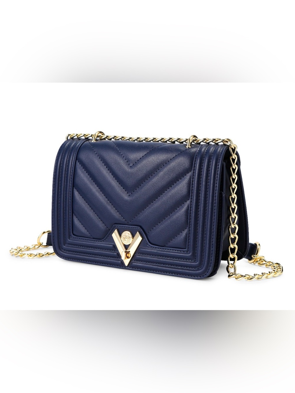 Valentino Orlandi Navy Chevron Crossbody Bag with Gold Chain - Picture 2 of 2